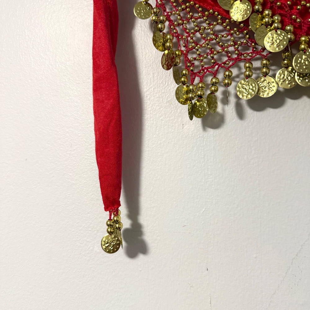 Red Gold Coin Belly Dance Hip Scarf Satin Crochet Mesh Wrap Belt Performance - Picture 3 of 6